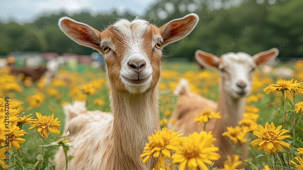 Obraz premium Friendly Goat in a Field of Yellow Flowers