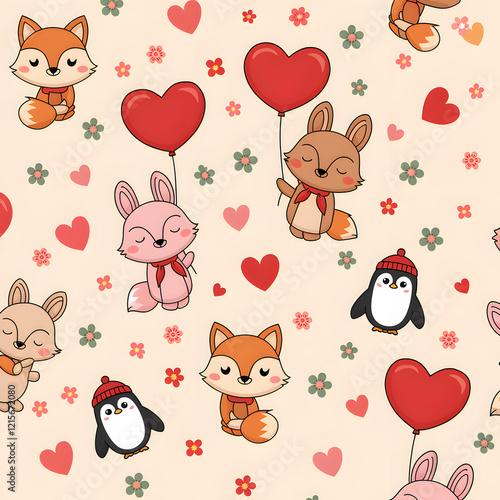 Wallpaper Mural valentine pattern with hearts and cute animals  Torontodigital.ca