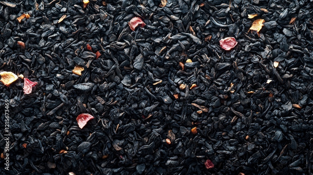 Close-up Black Tea Leaves with Rose Petals Close-up Black Tea Leaves with Rose Petals