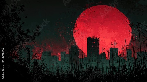 Crimson Moon Over Post Apocalyptic Cityscape photo