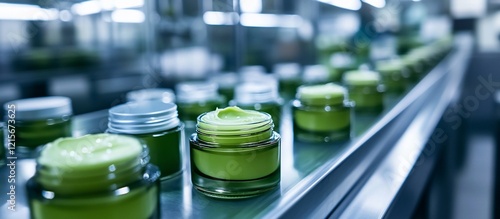 Wallpaper Mural Green cosmetic cream jars on a conveyor belt in a factory. Torontodigital.ca