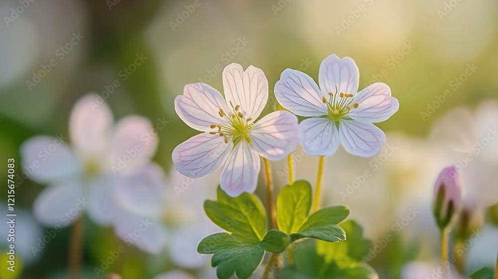 Two delicate white flowers with pink veins, illuminated by warm sunlight, surrounded by blurred greenery. Two delicate white flowers with pink veins, illuminated by warm sunlight, surrounded by blurred greenery.