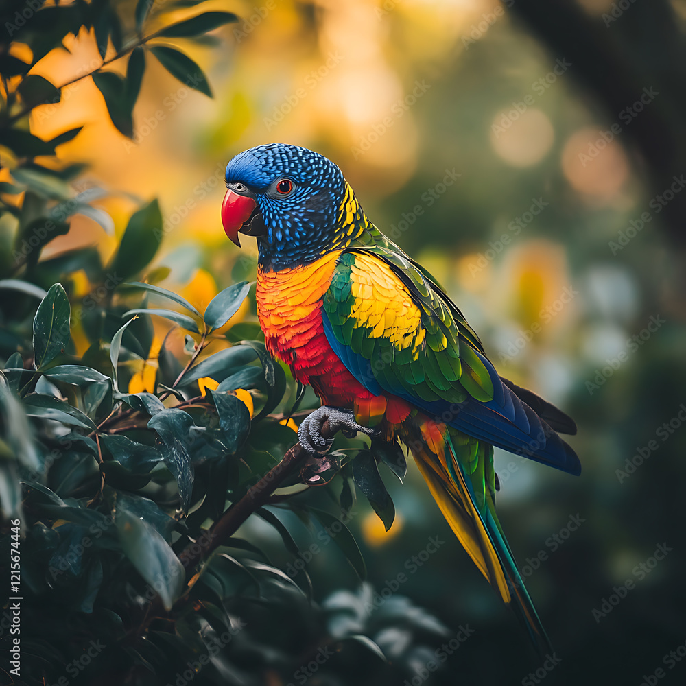 Fototapeta premium A colorful parrot perched on a branch surrounded by tropical greenery with blurred background Image size 16:9 