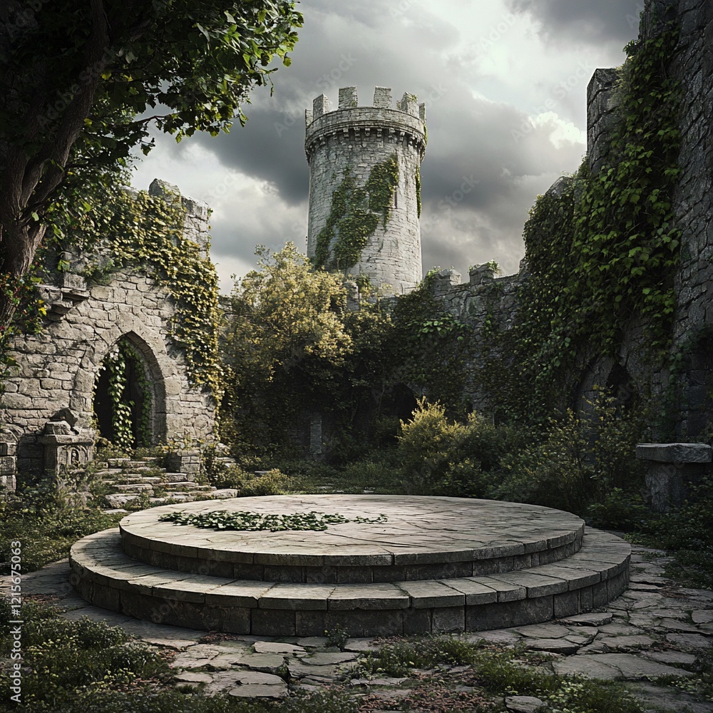 Naklejka premium Overgrown stone castle ruins with central circular platform.