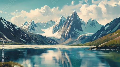 Wide shot of majestic mountain range at edge of expansive greenlandic fjord, vast wilderness, frozen tundra, mountain majesty. Majestic Fjord. Illustration photo