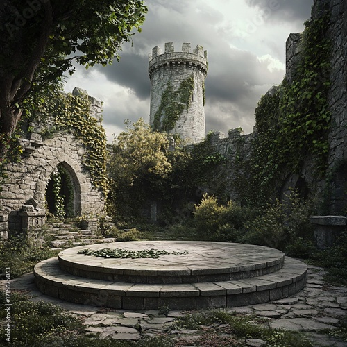 Overgrown stone castle ruins with central circular platform.