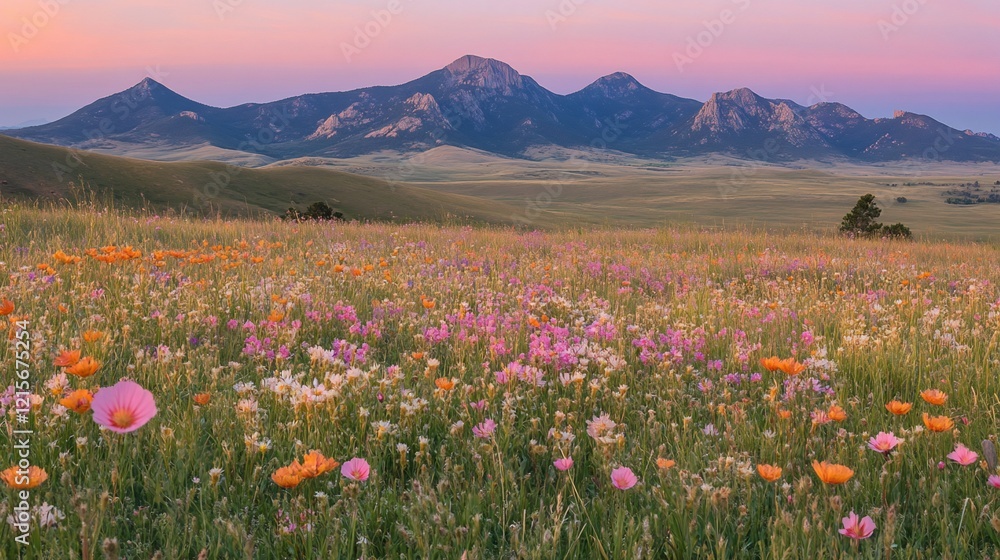 Vibrant wildflowers bloom in a vast field at sunset, with majestic mountains in the background. Vibrant wildflowers bloom in a vast field at sunset, with majestic mountains in the background.