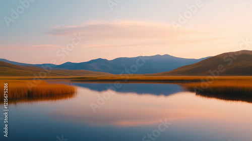 serene landscape featuring calm lake reflecting mountains and golden grass. tranquil scene evokes peace and natural beauty.