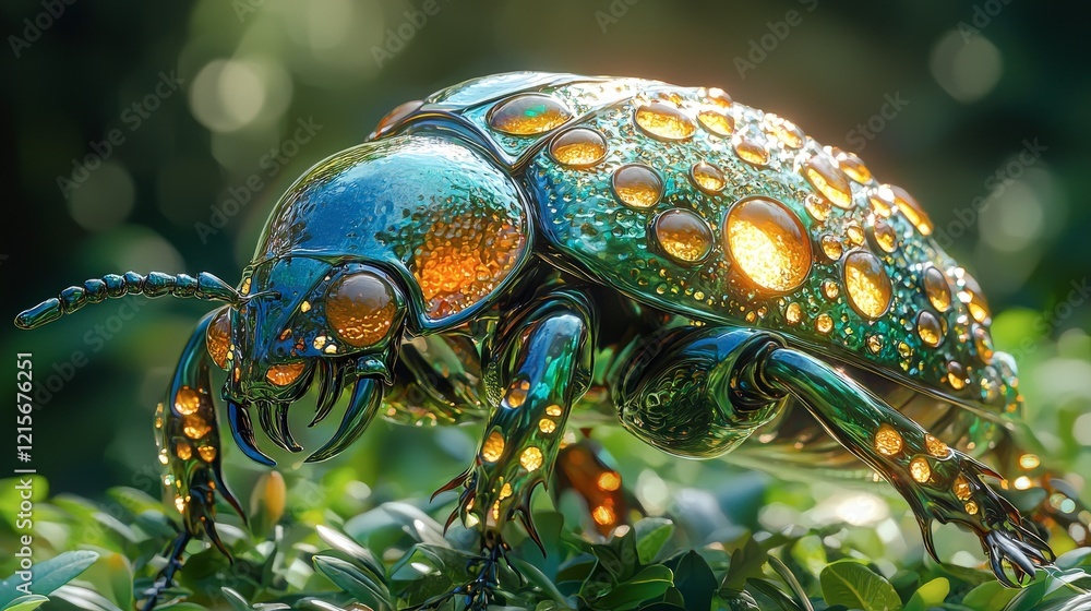 Fototapeta premium Iridescent Beetle on Lush Foliage: A Macro Study of Nature's Jewel