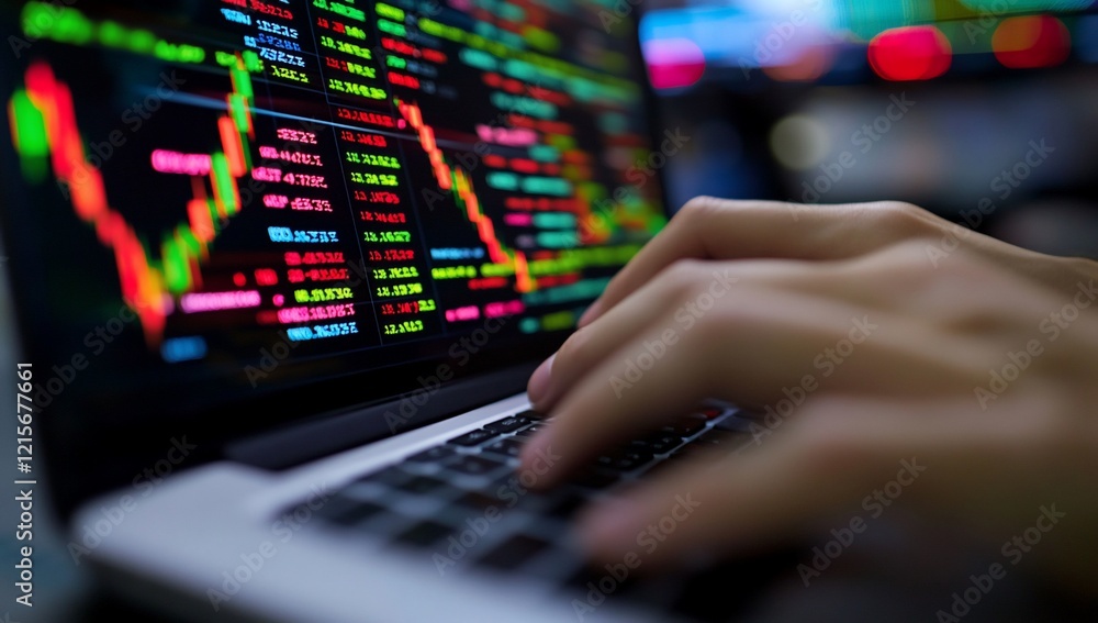 Close-up of hands typing on laptop displaying stock market data. (2) Close-up of hands typing on laptop displaying stock market data. (2)