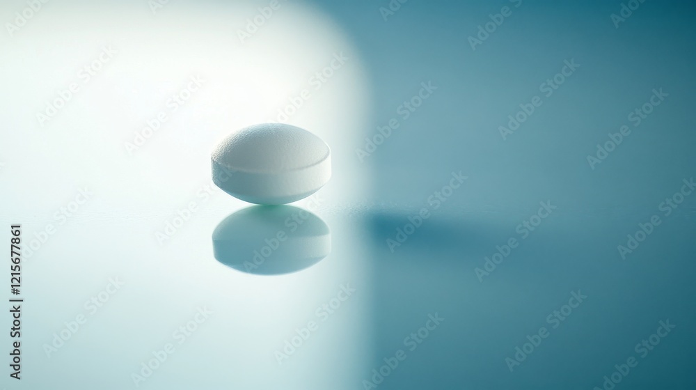 Round Angina Tablet on Glossy Surface with Blue Background Round Angina Tablet on Glossy Surface with Blue Background