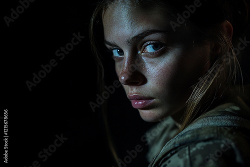 Wallpaper Mural Close-up portrait of a young woman with intense gaze, slightly turned, dark background. Torontodigital.ca