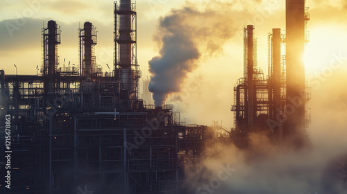 Wallpaper Mural Close-up of an industrial plant with smoke and steam, featuring towering machinery and pipes in the background against a backdrop of soft sunlight Torontodigital.ca