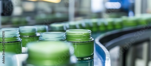 Wallpaper Mural Green cosmetic cream jars on conveyor belt in factory. Torontodigital.ca