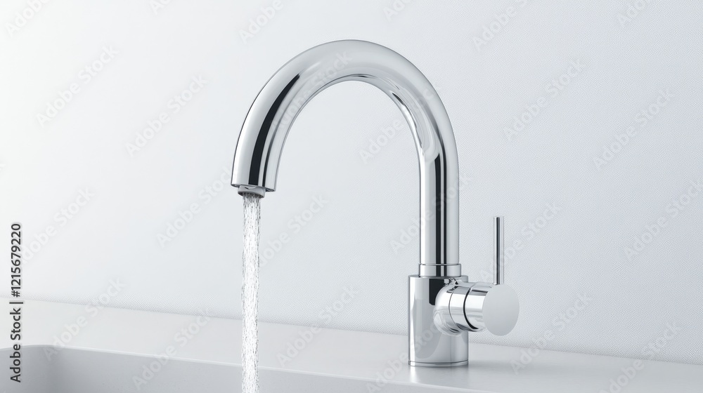 A sleek smart faucet with water flow controlled by a touchless sensor, modern kitchen background. A sleek smart faucet with water flow controlled by a touchless sensor, modern kitchen background.