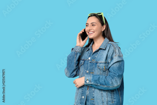 Smiling young woman talking...