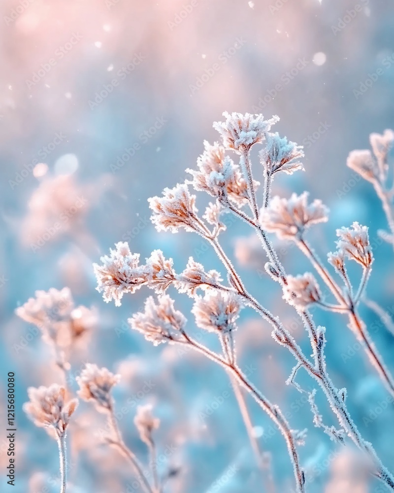 Frost-covered plants in a winter field, soft light. Frost-covered plants in a winter field, soft light.