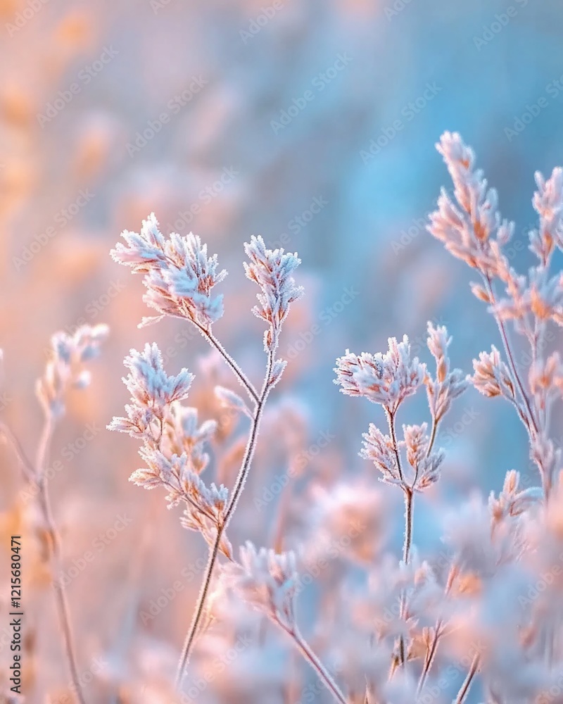 Frost-covered plants at sunrise, pastel colors. Frost-covered plants at sunrise, pastel colors.