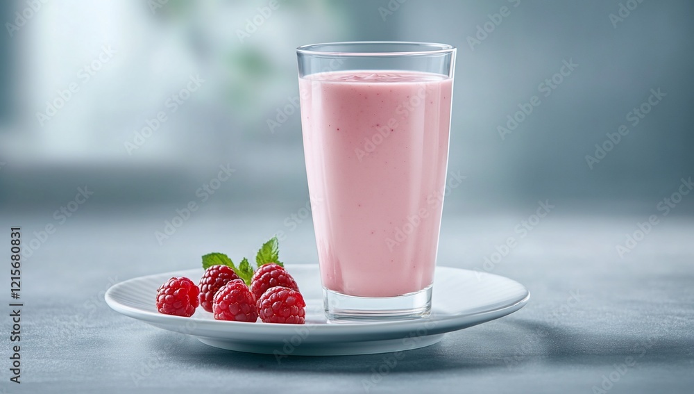 Refreshing raspberry smoothie in a glass with fresh raspberries on a plate. Refreshing raspberry smoothie in a glass with fresh raspberries on a plate.