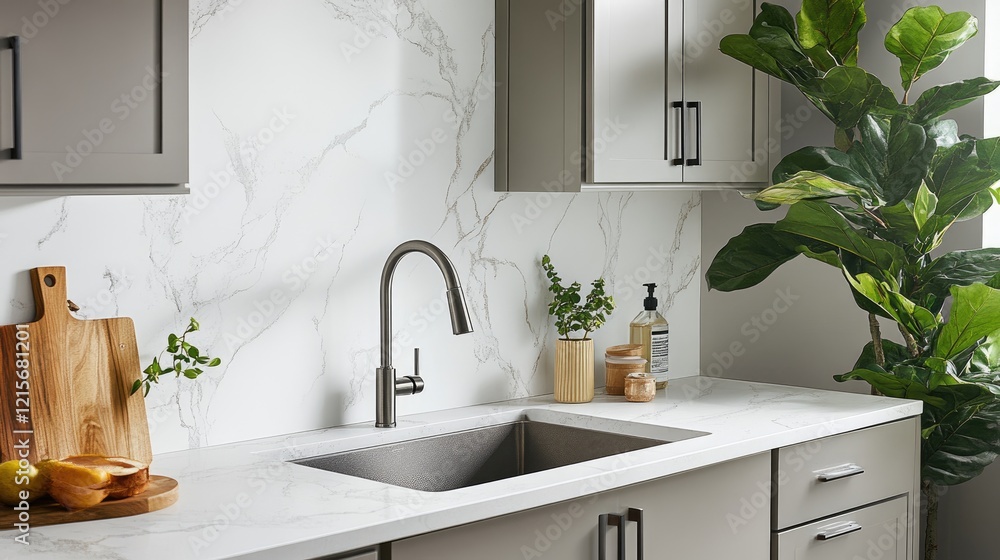 Smart faucet with eco-mode activated, surrounded by sleek decor.