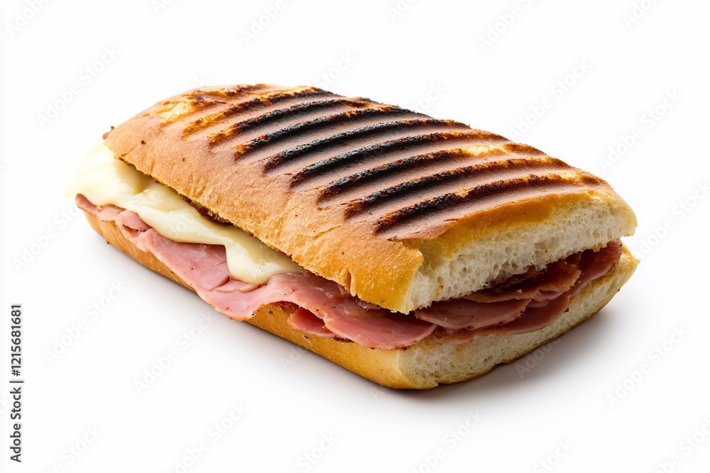 Grilled panini sandwich with ham and cheese on a white background. Grilled panini sandwich with ham and cheese on a white background.