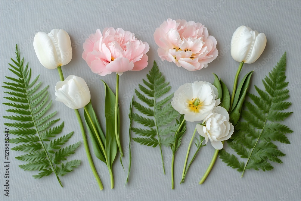 Flat lay of pink peonies, white tulips, and ferns on gray background. Flat lay of pink peonies, white tulips, and ferns on gray background.
