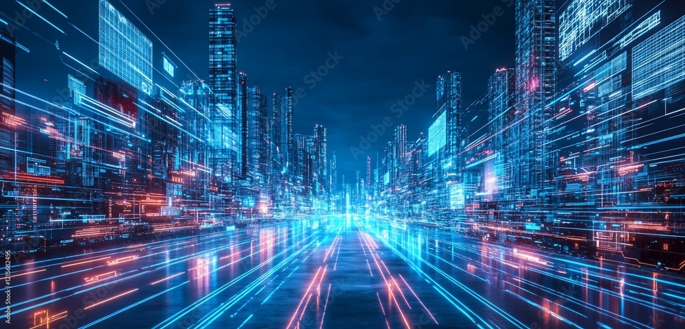 Obraz premium Futuristic city street with glowing digital data streams and skyscrapers.