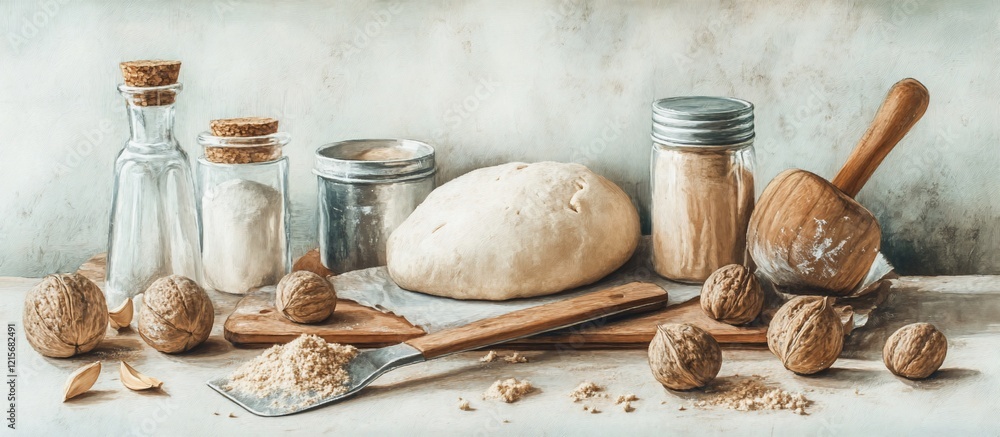 Fototapeta premium Still life of baking ingredients dough, walnuts, flour, rolling pin, and jars.