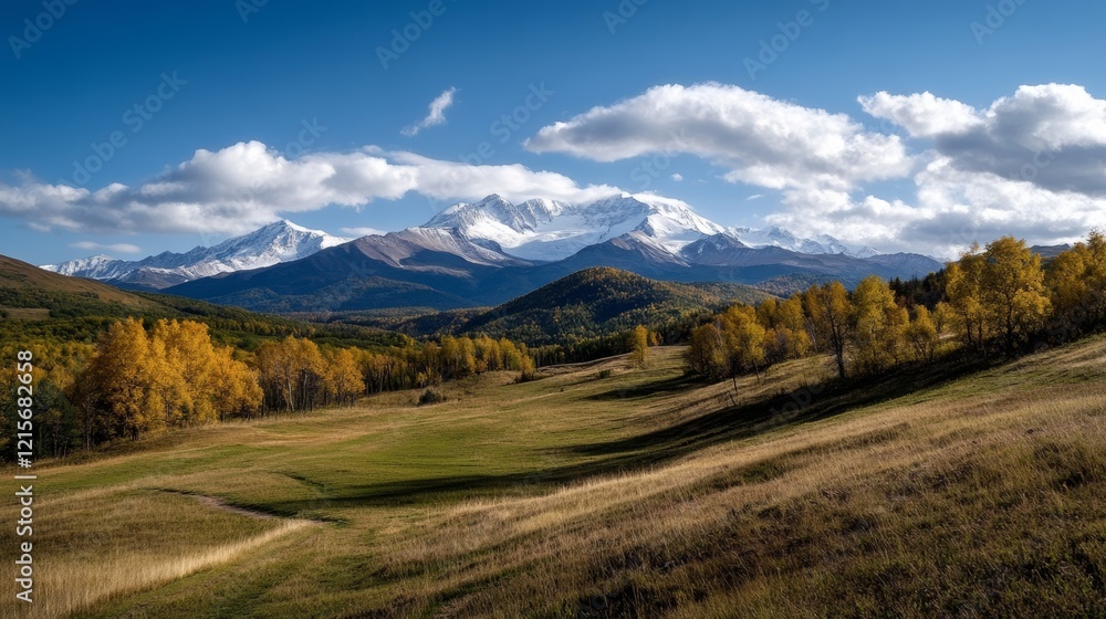 Majestic snow-capped mountains rise under a clear sky, framing a golden valley of autumn trees, radiating grandeur and tranquility. Majestic snow-capped mountains rise under a clear sky, framing a golden valley of autumn trees, radiating grandeur and tranquility.