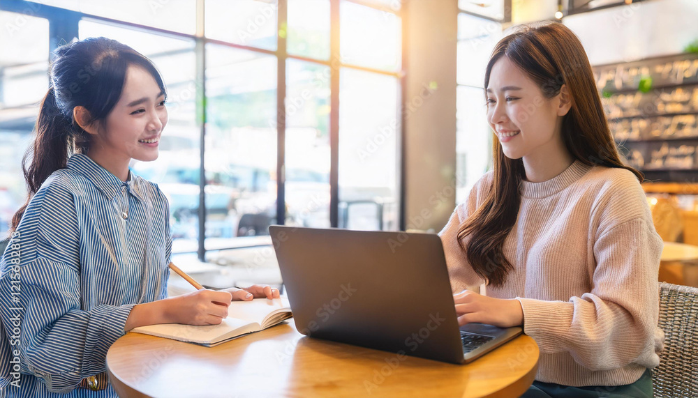 おしゃれなカフェで勉強している二人の女子大学生。(Two female Asian college students studying in a stylish cafe.)
おしゃれなカフェで勉強している二人の女子大学生。(Two female Asian college students studying in a stylish cafe.)
