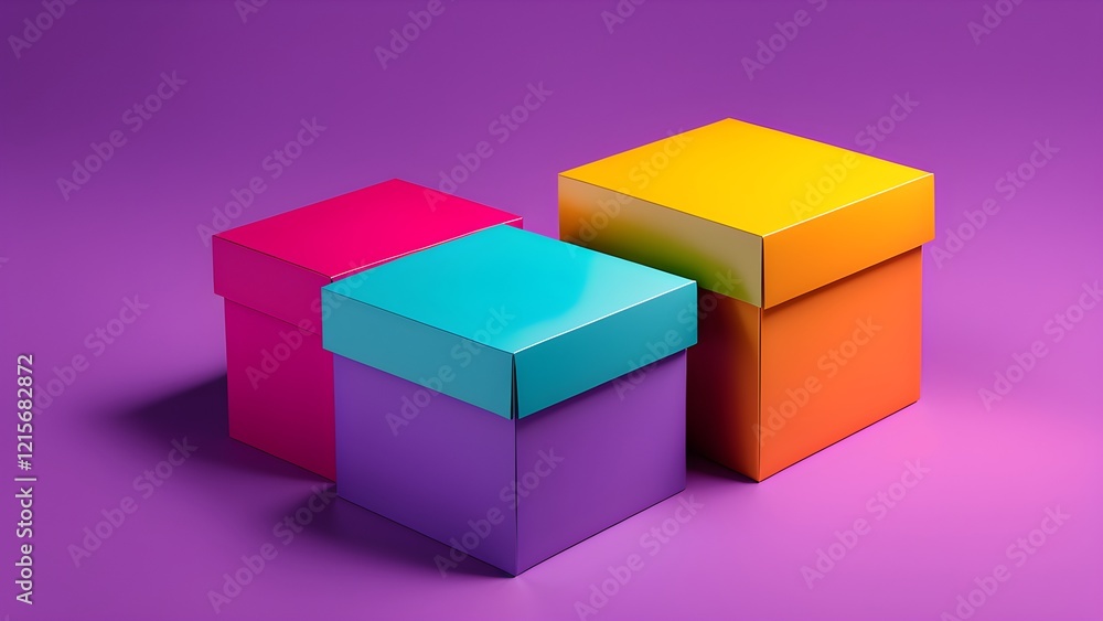 Fototapeta premium Three vibrant, colorful gift boxes arranged on a purple background.