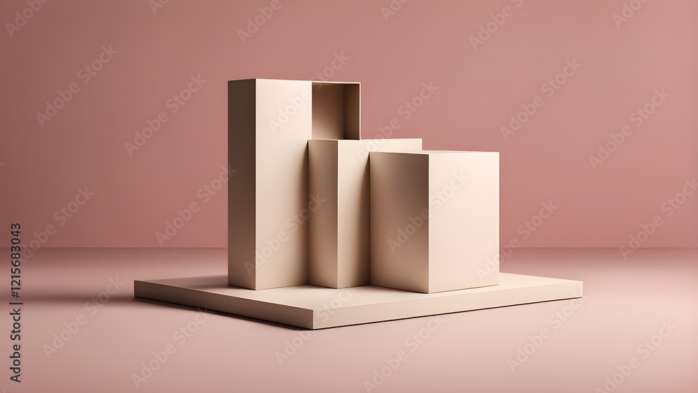 Abstract beige geometric shapes on a blush pink background create a minimalist product display mockup. Abstract beige geometric shapes on a blush pink background create a minimalist product display mockup.