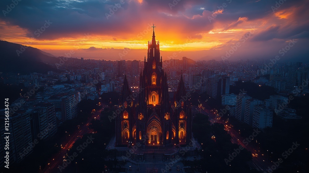 Obraz premium Sunset cityscape church aerial view, twilight glow