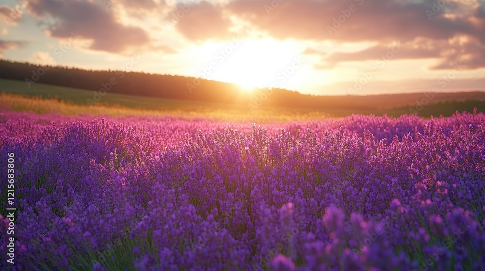 Fototapeta premium Sunset Lavender Field Landscape, Hilly Background