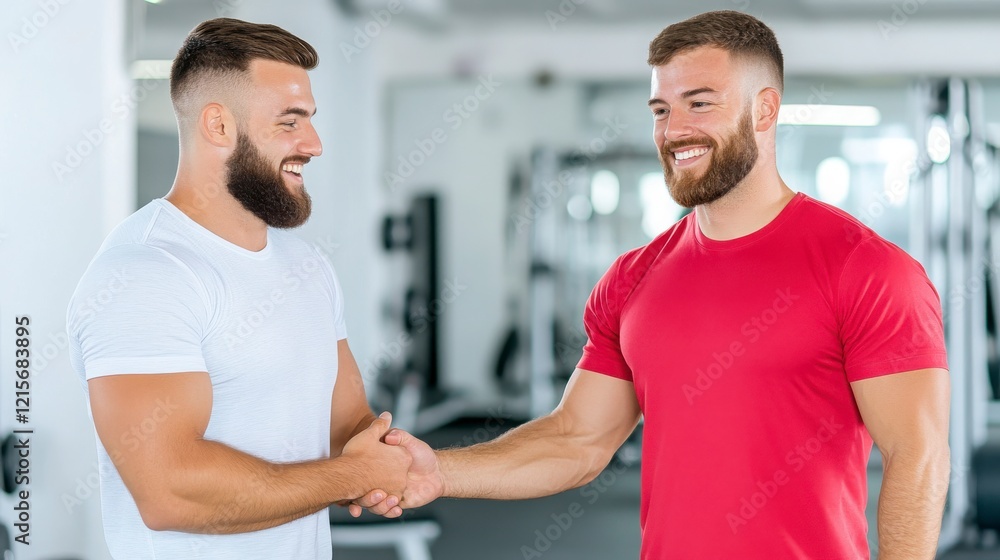 Obraz premium Two Fit Men Smiling and Shaking Hands in Modern Gym Environment