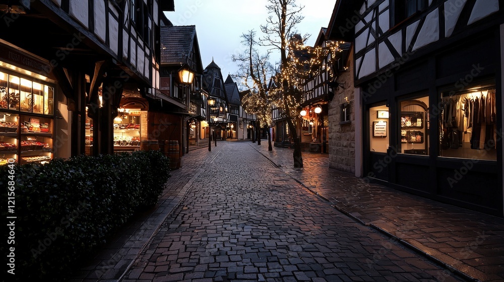 Fototapeta premium A charming cobblestone street lined with illuminated shops and trees, creating a cozy atmosphere at twilight.