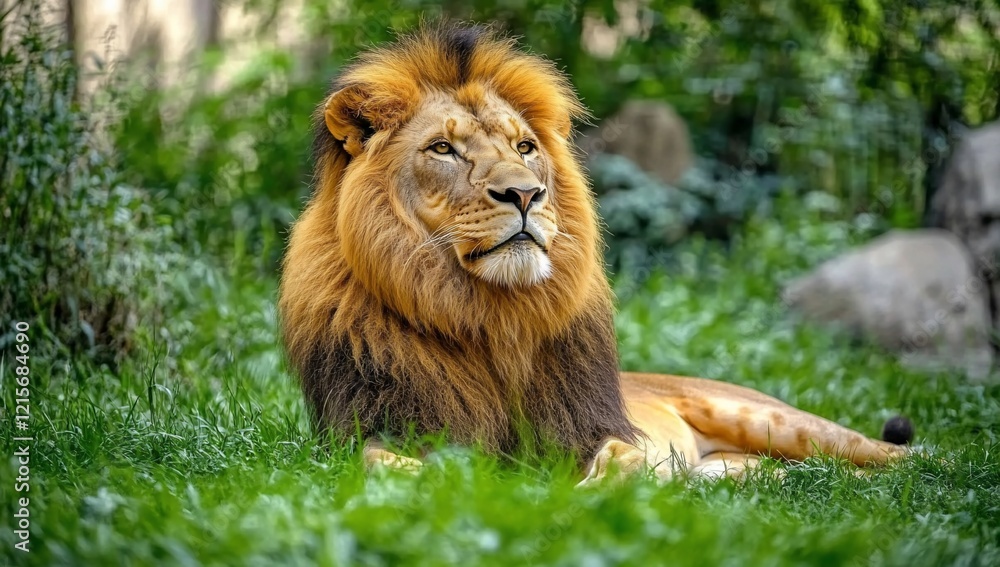 Majestic male lion resting in lush green grass. Majestic male lion resting in lush green grass.