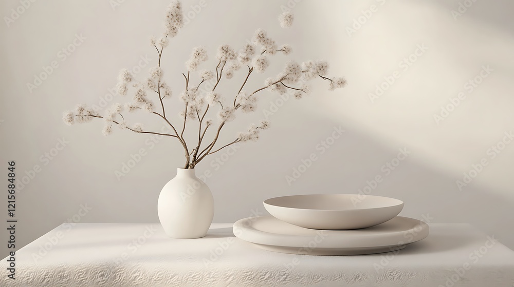 White Vase with Dried Flowers and Bowl on Table White Vase with Dried Flowers and Bowl on Table