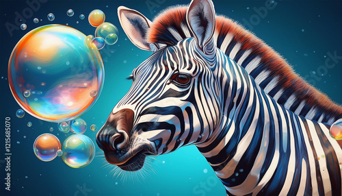 a painting of a zebra with a bubble in its mouth and a bubble in front of it