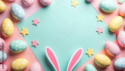 Easter celebration concept. Top view of a Easter bunny ears ,pink blue and yellow eggs on blue background. middle copy space