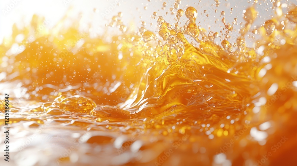Orange liquid splashing with droplets on bright background, drink ad