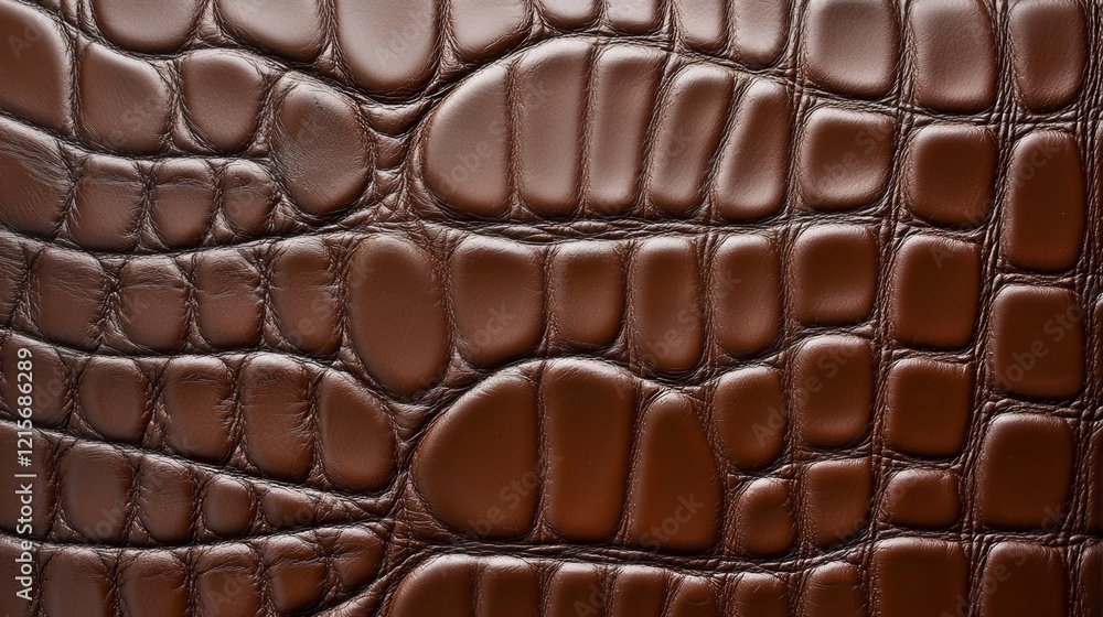 A close-up of a textured brown leather, resembling crocodile skin, showcasing intricate patterns and detailing.