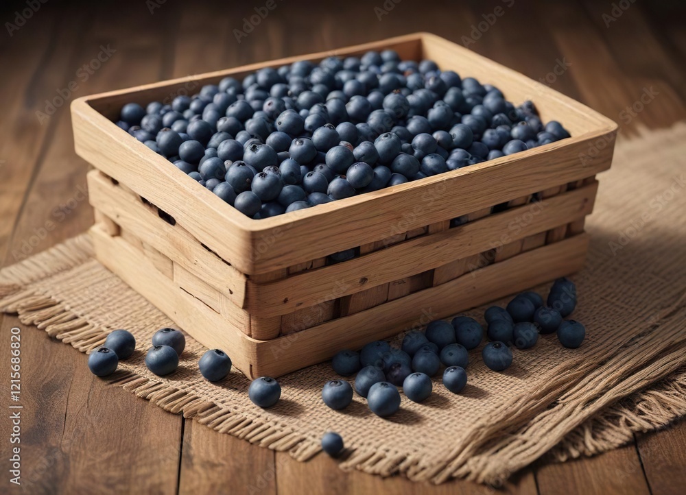 Blueberries in a wooden basket with a natural fiber rug, decoration, texture Blueberries in a wooden basket with a natural fiber rug, decoration, texture