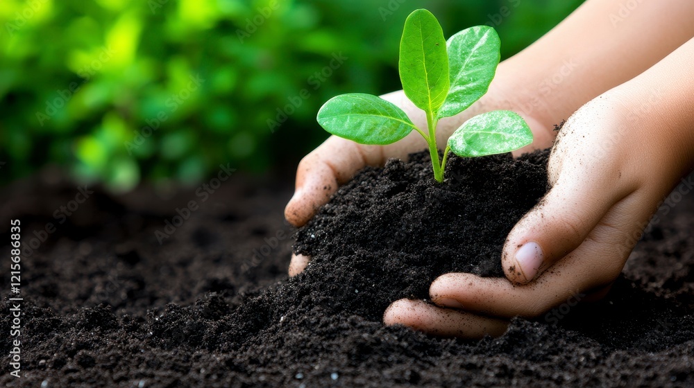 Hands gently nurturing a young plant in rich soil, surrounded by lush greenery in the background Hands gently nurturing a young plant in rich soil, surrounded by lush greenery in the background