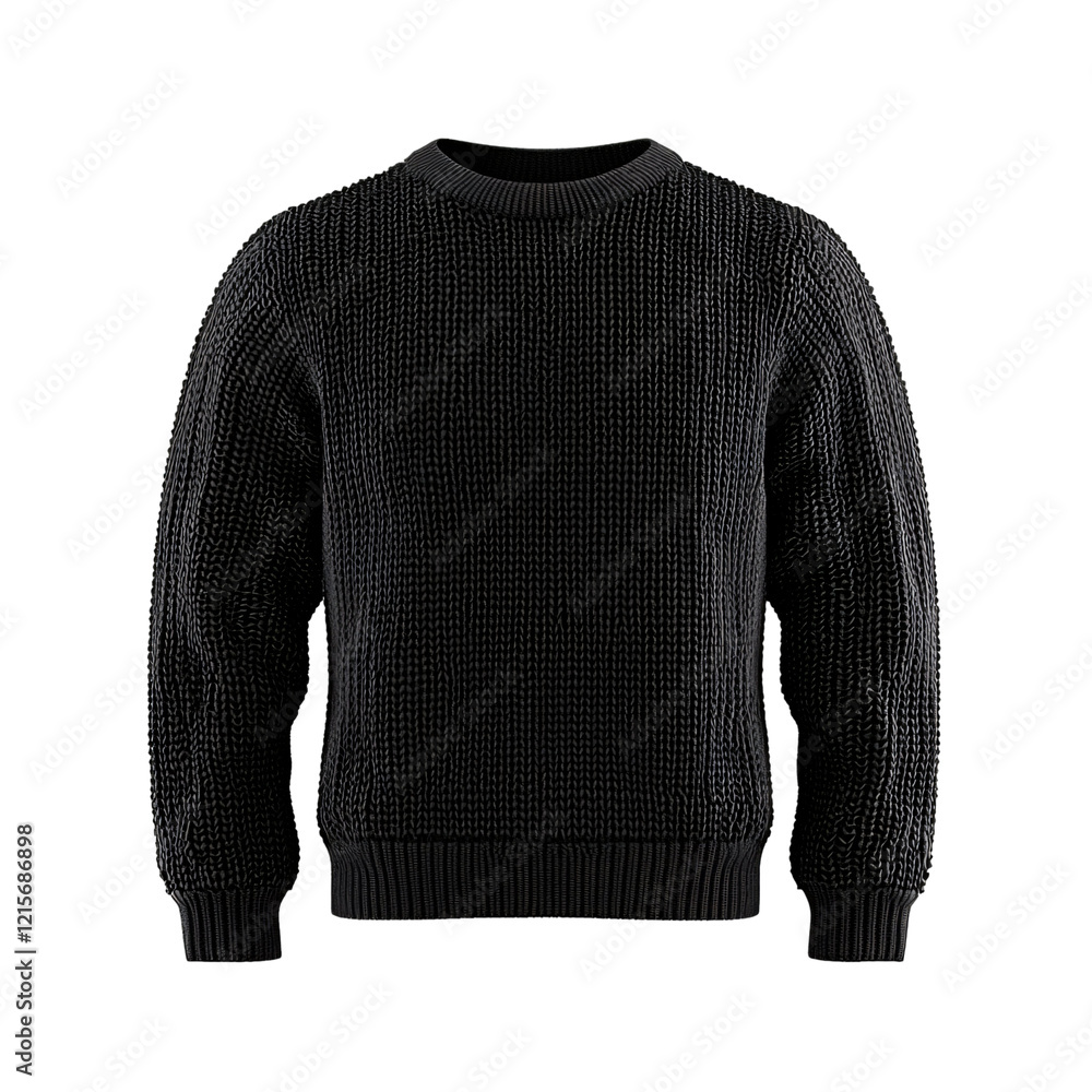 A black textured sweater with a round neckline and long sleeves. A black textured sweater with a round neckline and long sleeves.