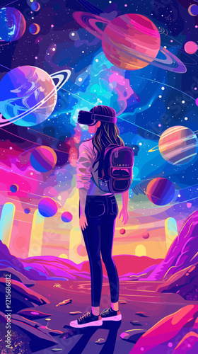 Woman Exploring Virtual Reality Planetarium with Amazement and Wonder