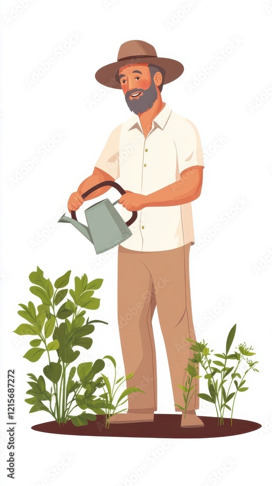 Elderly Man Watering Plants In His Garden Elderly Man Watering Plants In His Garden