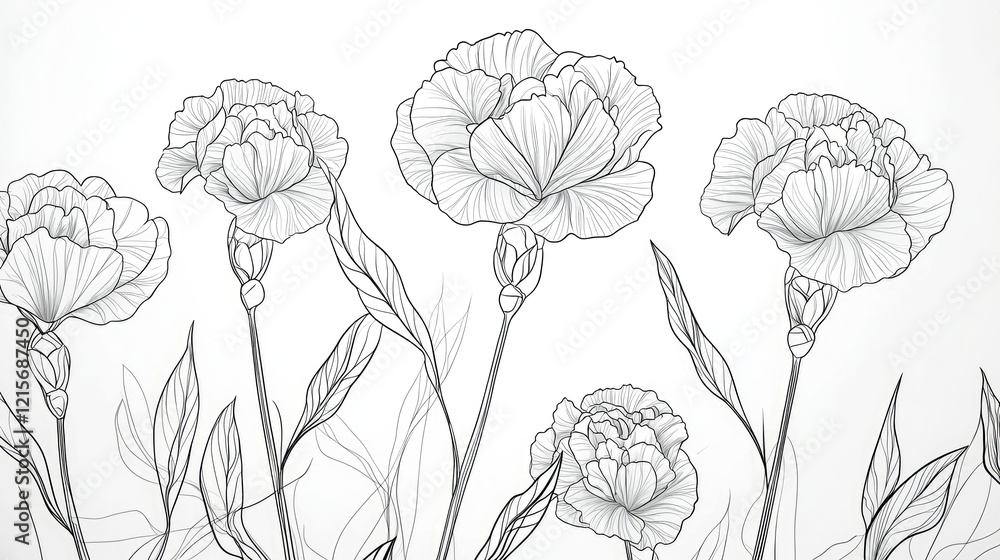 Fototapeta Elegant Line Art Carnations: Black and White Botanical Illustration