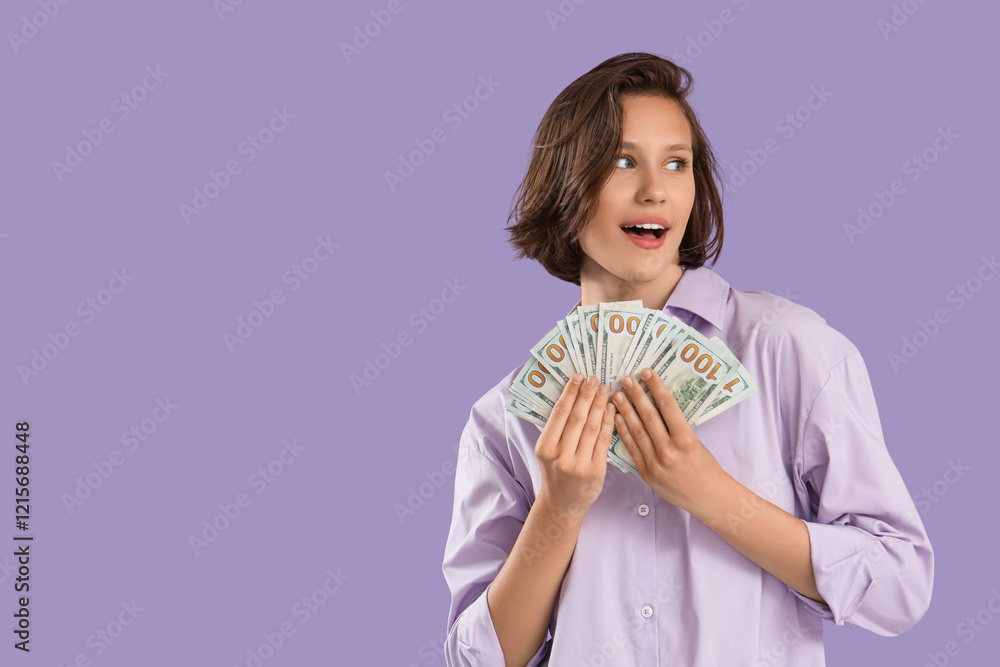 Pretty young woman with money on lilac background Pretty young woman with money on lilac background