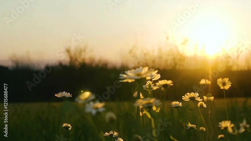 Serene sunrise over field of blooming daisies, where sunlight dances through flora and nature awakens in vibrant colors.